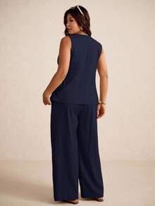 Elaquor Plus Size Floral Decor Square Neck Sleeveless Top And Pants 2 Pieces Set - Navy Blue - View 2