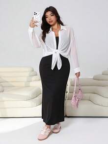 SHEIN EZwear 2026 Frühling & Sommer Valentinstag Neuankömmling, Lässig Ausflüge, Partys, Dates, Geburtstagsfeiern, Musikfestivals, Pendeln, Schulanfang, vielseitiges weißes Chiffon Oberteil und schwarzer hochdehnbarer Meerjungfrau Maxirock 2 Stücke Set, Große Größen - Verschiedenfarbig - Übersicht 8