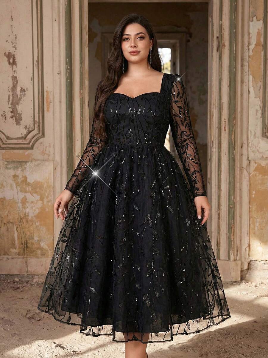 Aureia Plus Size Elegant Luxurious Black Square Neck Long Sleeve Sheer Sequin Patchwork Tulle Puff Dress, Suitable For Weddings, Parties, Celebrations, Formal Occasions, Ballroom (Heavily Embellished Design) - Black - View 1