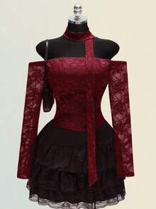 SHEIN ICON 大码女式露肩长袖蕾丝喇叭袖红色T恤 - 紅色 - 查看 6