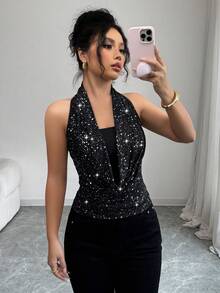 SHEIN PETITE 女士深V领无袖露背亮面吊带衫 - 黑色 - 查看 1