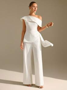 CLARA VERO White Asymmetric Ruffle Top And Wide Leg Pants Set: Slim Fit Waist And Flowing Maxi Length, Perfect For Elegant Evenings Or Modern Engagement Parties, Made In Non-Elastic Double Layer Polyester Featuring Folded Shoulder Draping Side Lace Detail And Concealed Zip - White - View 1