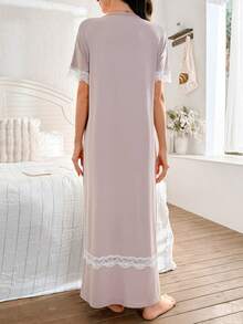 Moonlight&Mama Contrast Color Ruffle V-Neck Button Down Short Sleeve Loose Maternity Long Nightgown - Dusty Pink - View 2