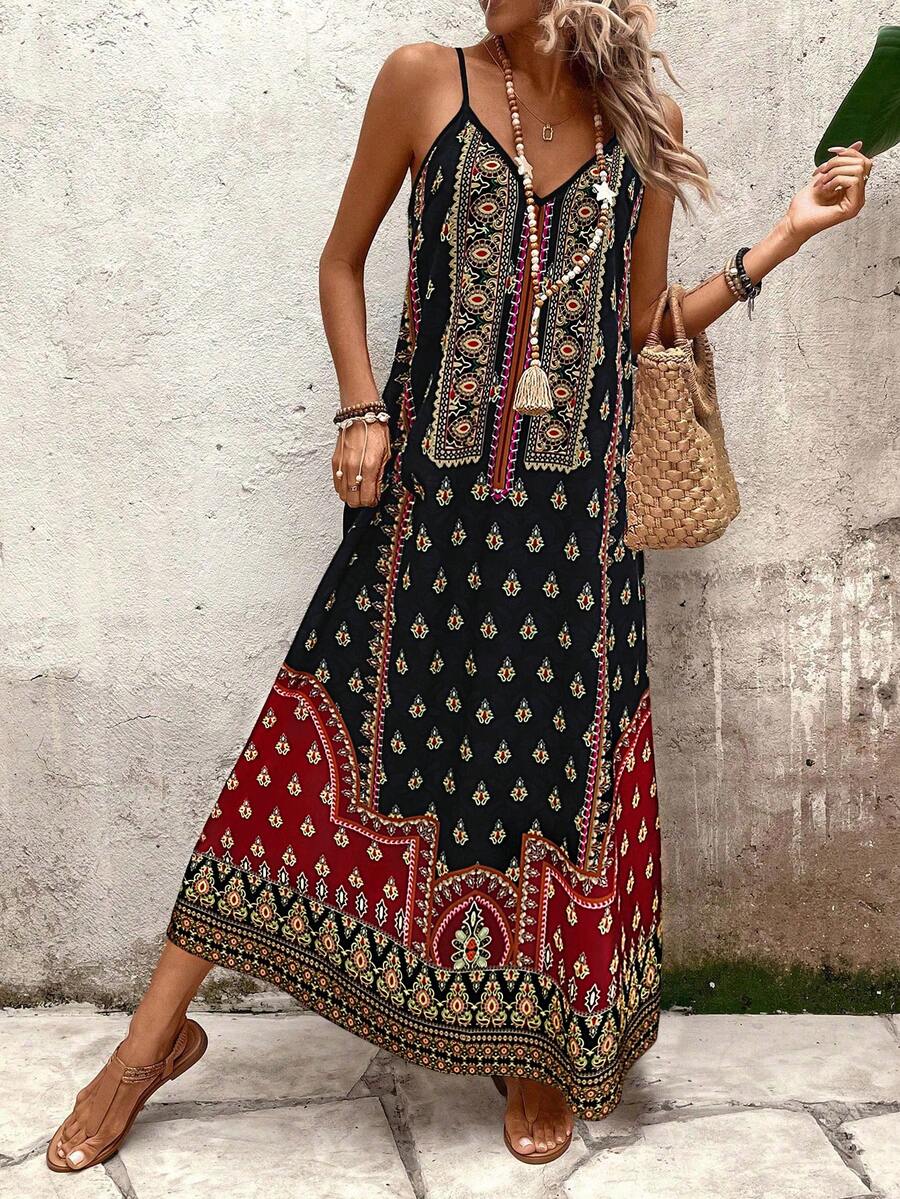 EMERY ROSE Women's Pattern Sleeveless A-Line Loose Positioning Floral Design Elegant Casual Vacation Commute Fashion Retro Versatile Early Spring/Spring & Summer Midi Dress - Multicolor - View 1