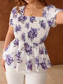 Roveilla 新款薰衣草印花收腰优雅高品质荷叶边领泡泡袖A字复古短袖衬衫，大码女式时尚度假休闲上衣 - 紫色 - 查看 7