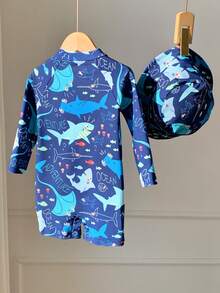 SHEIN 2pcs Baby Boy/Girl Casual Cute Shark Print Long Sleeve Swimsuit With Swim Cap, Suitable For Spring/Summer Vacation, Beach, Pool Party