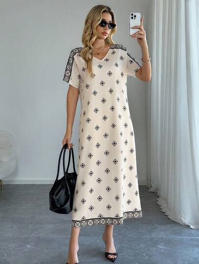 Easowa Apricot Floral Print Batwing Sleeve Loose Midi Dress For Women, Suitable For Casual, Beach, Daily Wear, Spring/Summer Summer Dress  Summer Holiday Outfits Spring Dress Women Spring Break Outfits  Valentines Day Dress  Beach Dress   Vacation Outfits Women