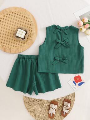 SHEIN 2pcs/Set Tween Girls Casual Textured Fabric Bow Back Camisole Top And Shorts Set