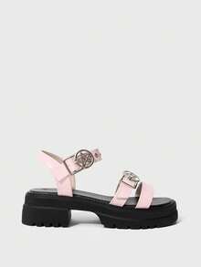 ROMWE Sandal nữ mùa hè hở mũi phong cách rock punk goth tối màu, sandal đế xuồng quai sao, giày mùa xuân, lễ Phục sinh, Halloween và Giáng sinh. - Màu hồng sáng da - Xem 2