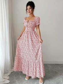 Elenzga New Women's Digital Print Puff Sleeve Tie Front Backless Waist Cinched Dress, Elegant & Chic For Vacation, Date, Flattering & Slimming - Watermelon Pink - View 5