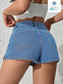 SHEIN PETITE Women's Casual Everyday Commute Versatile Denim Skirt Pants - Light Wash - View 2