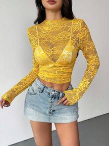 EgrlEra Tall 女款蕾絲透視性感短版上衣，適合高個女性 - 黃色 - 查看 4