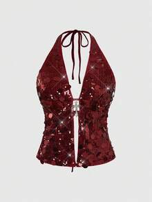 ROMWE Grunge Punk Spring/Summervalentine's Dayparty Punk Rock Diva Party Outfit, Festival Music Event New Year Costume, Halter Neck Sexy Sequin Cross Pendant 2 Pieces Set For Women - Burgundy - View 5