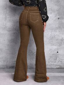 SHEIN Tall Women's High Waist Pockets Casual Versatile Flare Jeans - Khaki - View 2