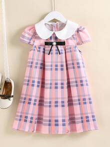 Girls Peter Pan Collar Plaid Preppy Style Short Sleeve Dress - Pink - View 4