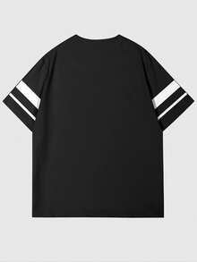 Manfinity Homme Men's Letter & Striped Print Casual Round Neck Short Sleeve T-Shirt - Black - View 3