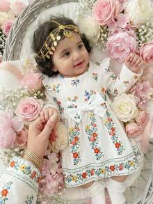 SHEIN 新生女宝宝可爱休闲针织复古碎花长袖连衣裙 - 彩色 - 查看 2