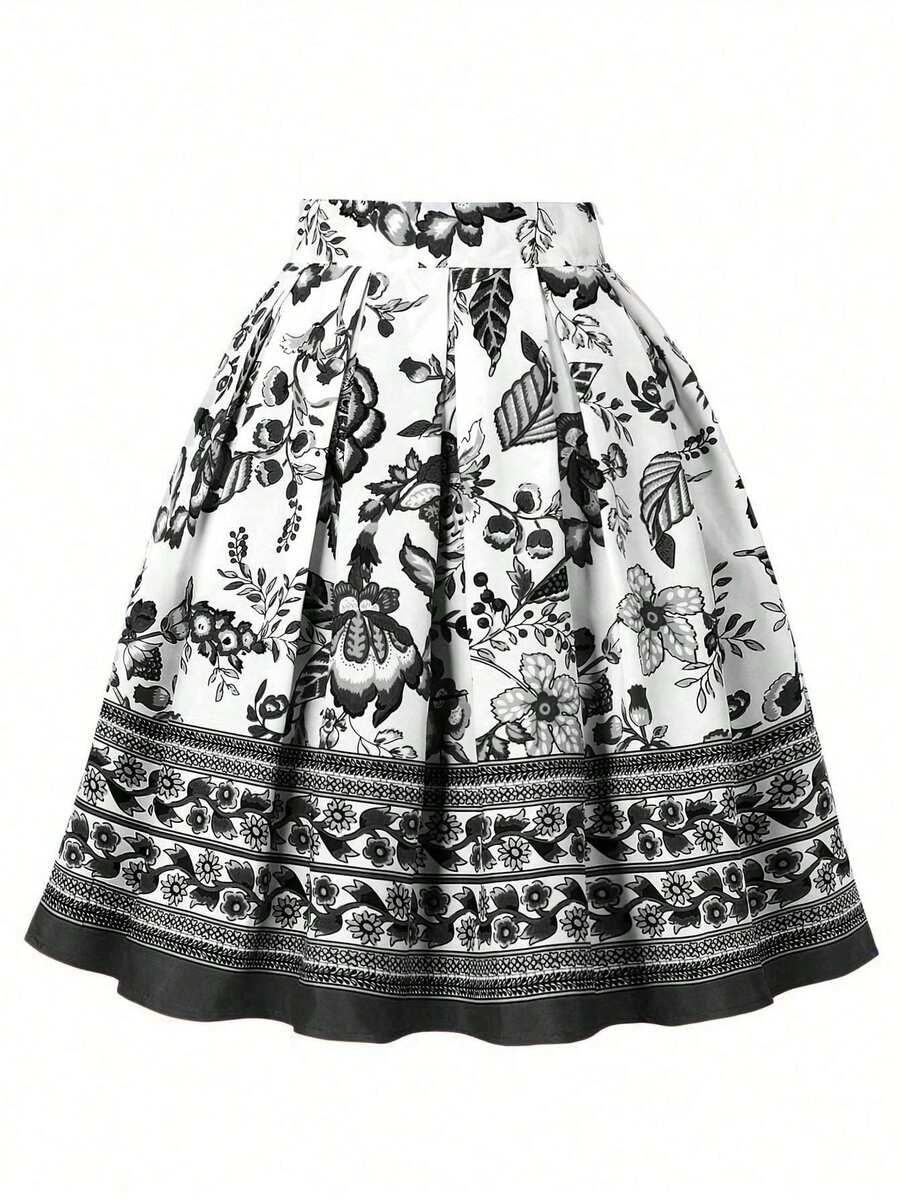 SHEIN Unity 女士花卉印花百褶裙 - 黑色 - 查看 1