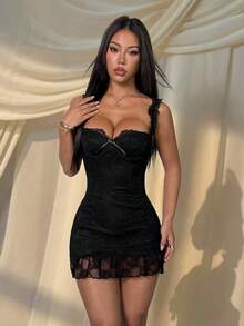 SHEIN PETITE 女士黑色蕾丝蝴蝶结装饰修身无袖迷你连衣裙，黑色连衣裙，优雅高贵，派对礼服，情人节黑色蕾丝连衣裙，性感黑色连衣裙，女士黑色蕾丝连衣裙，黑色束身连衣裙 - 黑色 - 查看 4
