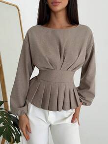 Aloruh Minimalistyczny strój biurowy w kolorze khaki, koszula damska z okrągłym dekoltem i długim rękawem, plisowana w talii, jesień/zima, nowość - Kolor khaki - Zobacz 2