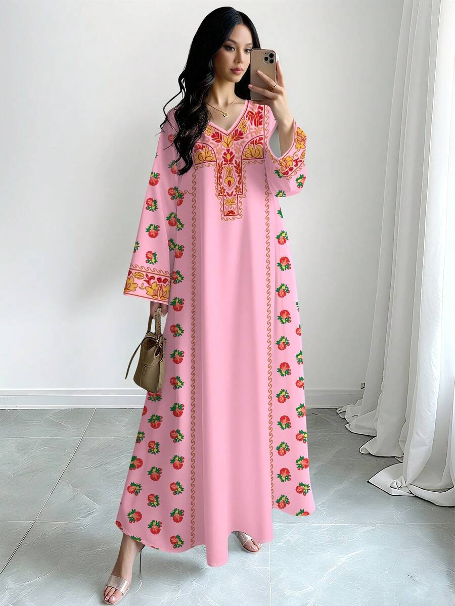 SHEIN Najma Women's Floral & Wave Pattern Digital Print V-Neck Long Sleeve Elegant Dress, Spring/Summer