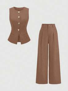 Sweetra Women's Casual/Office Commute Minimalist Solid Color Single-Breasted Vest And Pleated Wide Leg Pants Suit - Brown - View 1