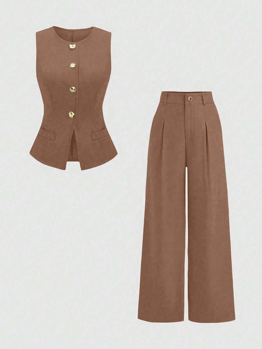 Sweetra Women's Casual/Office Commute Minimalist Solid Color Single-Breasted Vest And Pleated Wide Leg Pants Suit - Brown - View 1