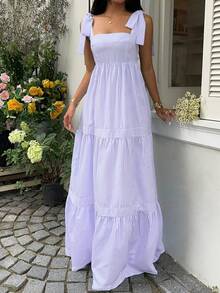 Sunnyshic Đầm maxi xòe không tay, cổ vuông, eo cao, phối màu sọc xanh dương, hở lưng, buộc dây, gợi cảm, thích hợp cho mùa xuân/hè. - Xanh và trắng - Xem 5
