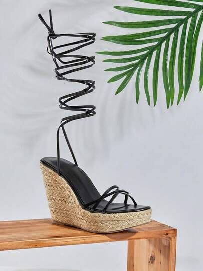 SHUZIA Women Minimalist Leg Wrap Wedge Sandals With Thick Sole & High Heel