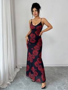 Elenzga 优雅印花网纱吊带长裙，浪漫红色花朵图案，休闲日常、派对、度假穿着，适合婚礼等场合，时尚黑色底红色印花连衣裙 - 紅色 - 查看 3