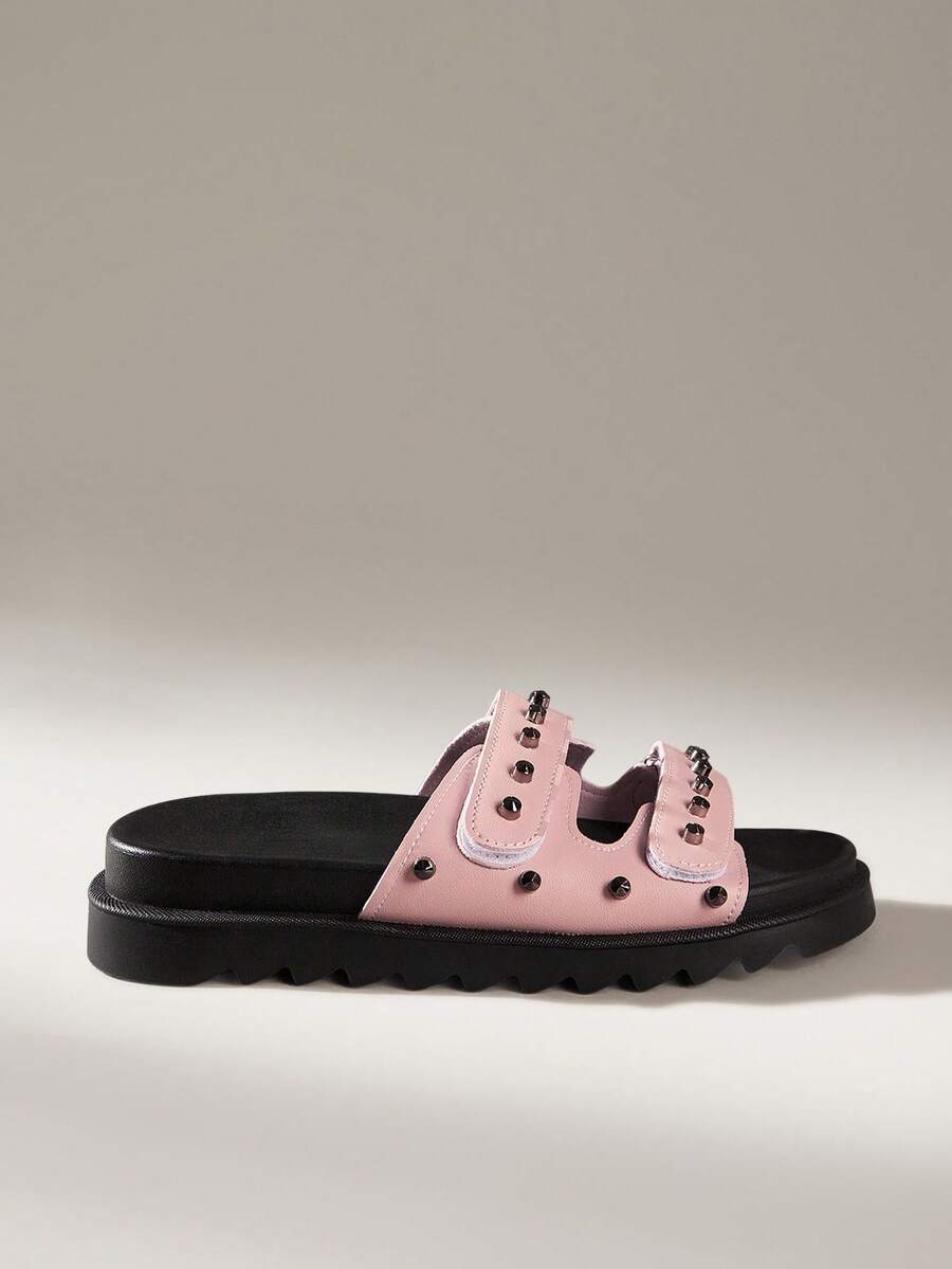 Solecia 女士铆钉装饰时尚厚底凉鞋，圣诞节必备 - 藕粉色 - 查看 1