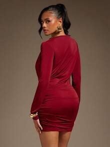 Hauture Vestido mini sexy de moda con pliegues, manga larga y cuello fruncido de unicolor para mujer - Burdeos - Ver 2