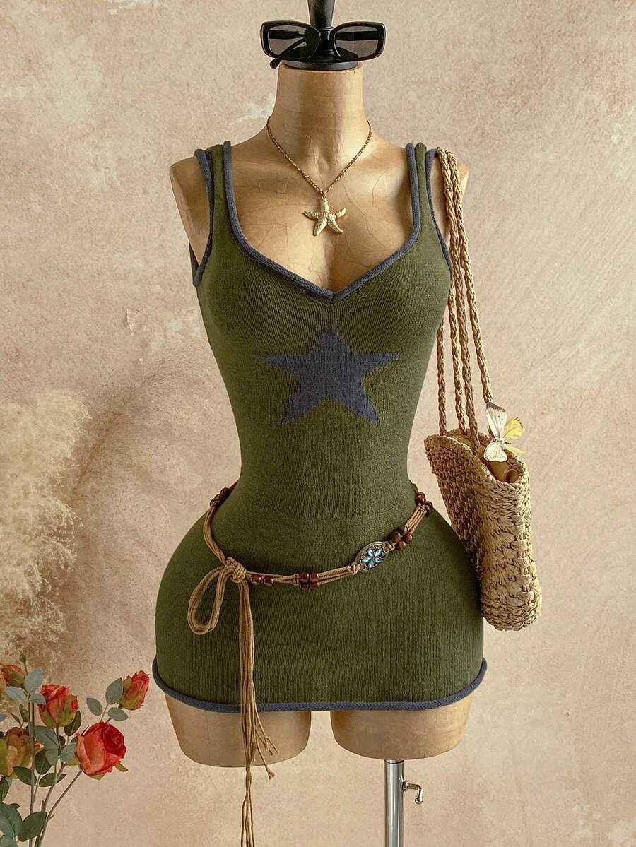 Soleia Women's Casual Vacation Style Star Pattern Trim Sweetheart Neck Fitted Sweater Dress, Without Belt - Green - View 1