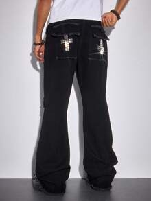 ROMWE MEN Street Life Quần jeans ống loe nam phong cách Gothic thường ngày, in hình đầu lâu, rách rưới, có túi nắp gập và dây xích trang trí. - màu đen - Xem 3