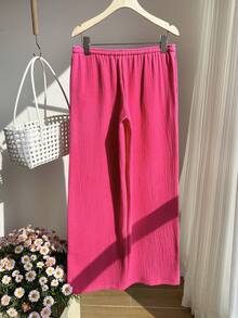Comfortcana 女士休闲日常通勤度假简约纯色纹理面料抽绳腰阔腿裤 - 玫紅色 - 查看 2