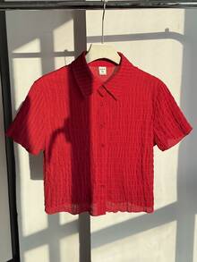 SHEIN Teen Girls Red Knit Crepe Short Sleeve Blouse, Casual Versatile Personalized Tops, Suitable For Music Festivals, Cropped Shirt Shirt For Teen Girl Red Crop Shirt Shirts For Women Summer Blouse For Teen Girls Blouses For Women Summer - Red - View 3
