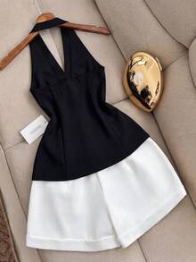 INAWLY 2pcs/Set Women Halter Metal Buckle Backless Elegant Sexy Ruched Waist Summer Outfit - Multicolor - View 2