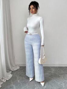 Elenzga 针织弹力格子休闲女裤，高腰修身直筒裤，秋季新品 - 藍白色 - 查看 4