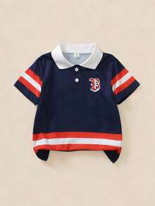 Casuvi Kids 1pc Classic Collegiate Polo Shirt For Young Boy, Navy Blue With Red & White Stripes, Embroidered Letter "B" On Left Chest, Suitable For Casual Wear, Outdoor, Park, Back To School - Blue and White - View 8