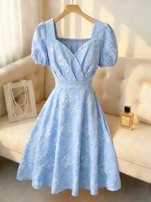 Elenzga 新款优雅法式甜美独特细节睡莲纹理面料褶皱收腰显瘦荷叶边下摆泡泡袖迷你连衣裙，蓝色，适合约会和日常穿着。 - 藍色 - 查看 3