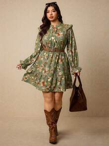 Elaquor 大码立领长袖印花荷叶边下摆休闲连衣裙 - 綠色 - 查看 5