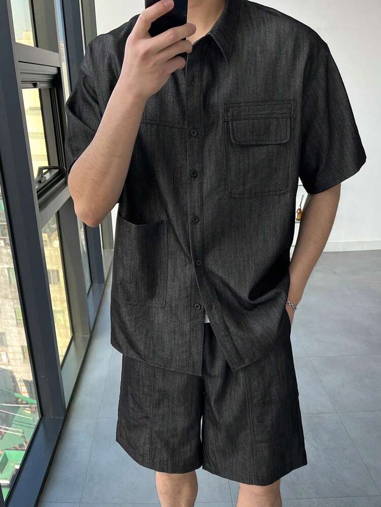 Men's Black Short Sleeve Shirt And Shorts Set, Summer