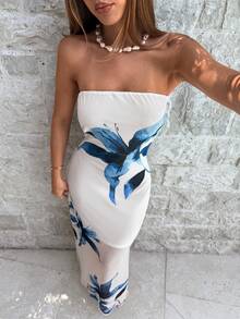 Aloruh 女士优雅杏色抹胸印花连衣裙，适合海滩度假 - 彩色 - 查看 5