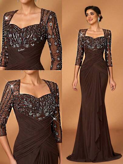 Serin Elegant Luxurious Beaded Sequin Mesh Splice Elastic Knit Sheer Ruffle Sleeve Dress, Suitable For Wedding, Party, Holiday, Bridal, Mother Of The Bride Evening Gown