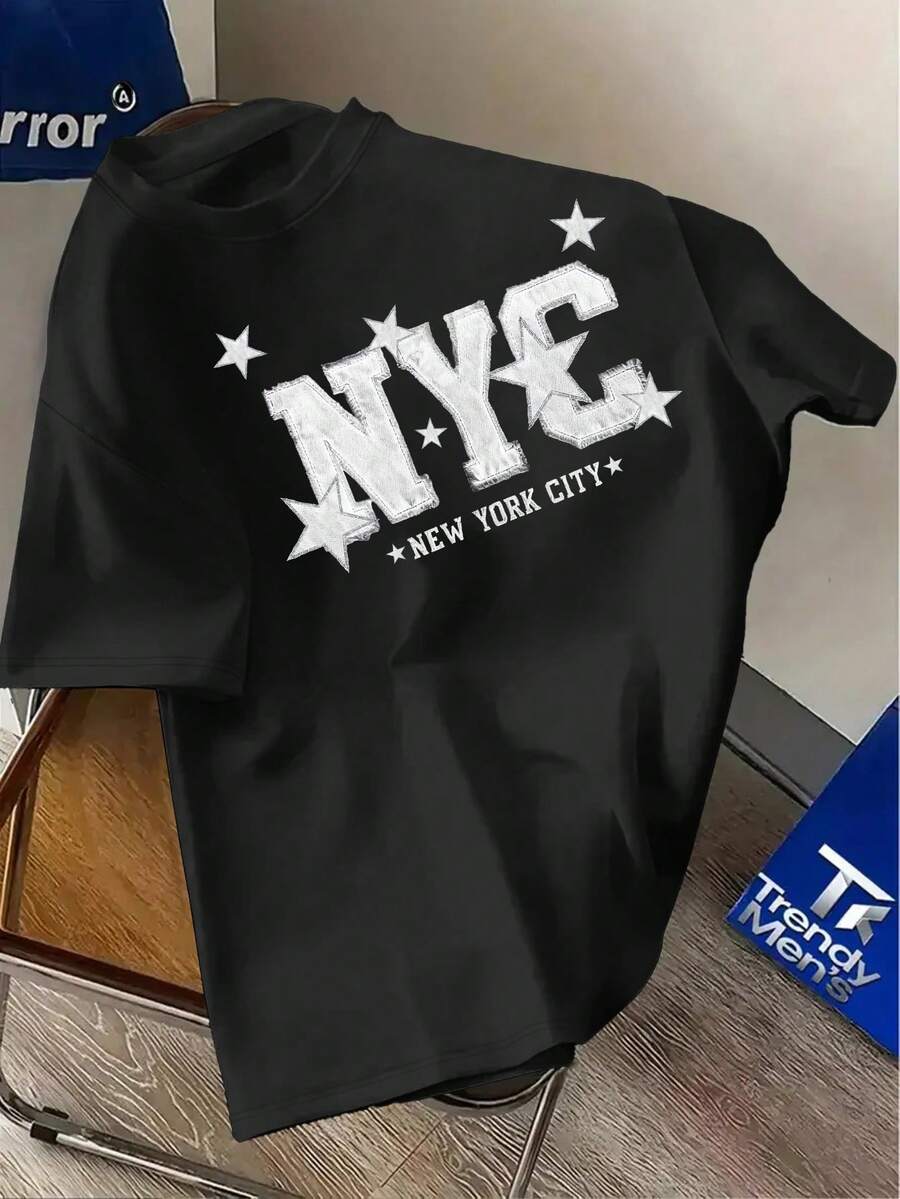 Manfinity Dauomo Camiseta de manga corta casual con estampado de NYC para hombre, talla estándar - Negro - Ver 1