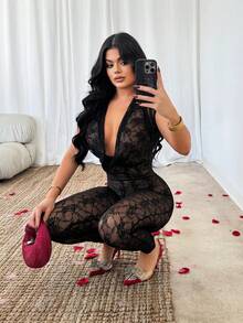 SHEIN SXY 黑色性感蕾丝深V露背连体裤 - 黑色 - 查看 3