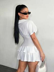SHEIN SXY Women's Patchwork Shirt Collar Polo Neck Ruffle Hem Dress, White Ruffle Dress, White Plus Dress, Milkmaid Dress, White Dress,Going Out , - White - View 2