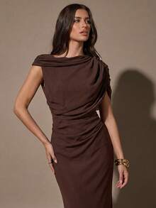 SHEIN BAE 纯棕色无袖高领披肩领修身褶皱鱼尾连衣裙，优雅长裙，秋冬连衣裙，叠穿连衣裙 - 咖啡棕 - 查看 6