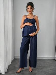 Momance Fashionable & Elegant Maternity Denim 2 Pieces Set: Wide Leg Pants & Camisole Top - Navy Blue - View 4