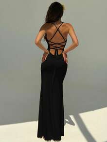 Aloruh Đầm maxi cổ yếm hở lưng, kiểu dáng giản dị, gợi cảm màu đen và đỏ, thích hợp cho kỳ nghỉ xuân/hè. - Nhiều màu - Xem 2